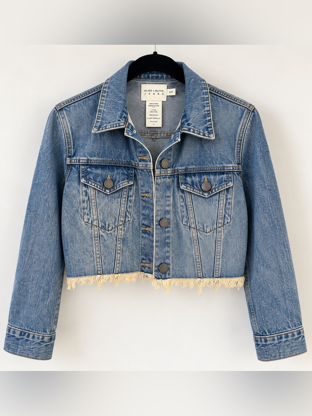 Alice + Olivia Washed Blue Cropped Denim Jacket with Frayed Hem